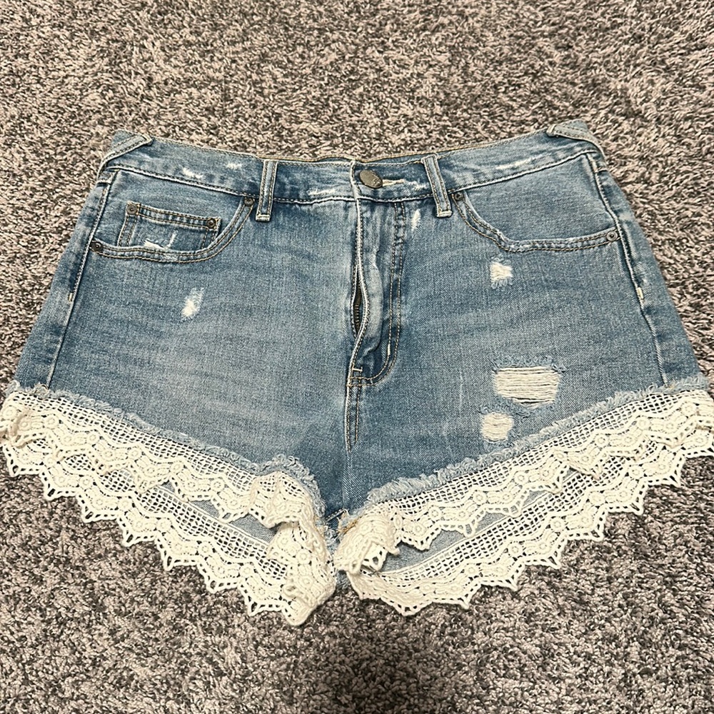 Free People distressed denim shirt with lace lined bottom